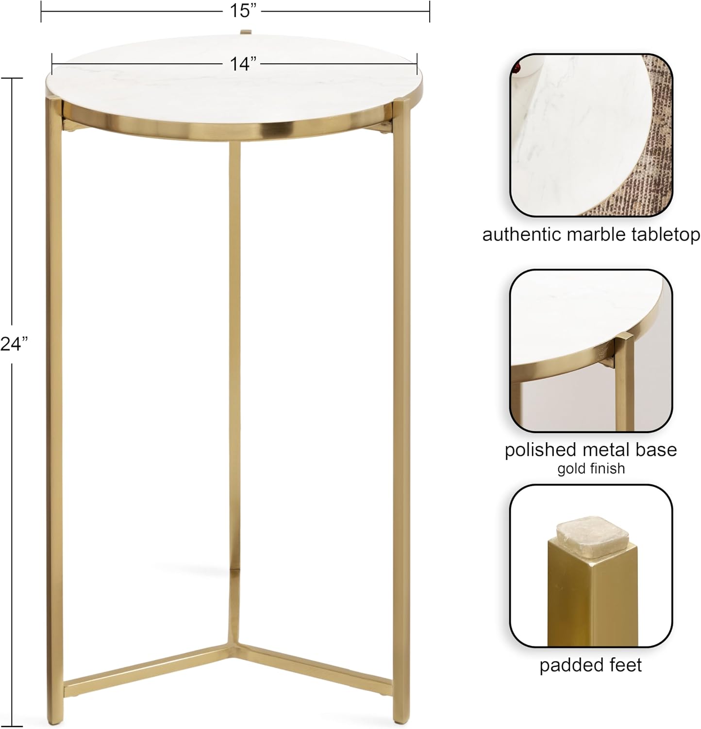 Kate and Laurel Aguilar Modern Round Side Table, 15 x 15 x 24, White and Gold, Genuine Marble Nightstand for Small Spaces and Living Room Decor