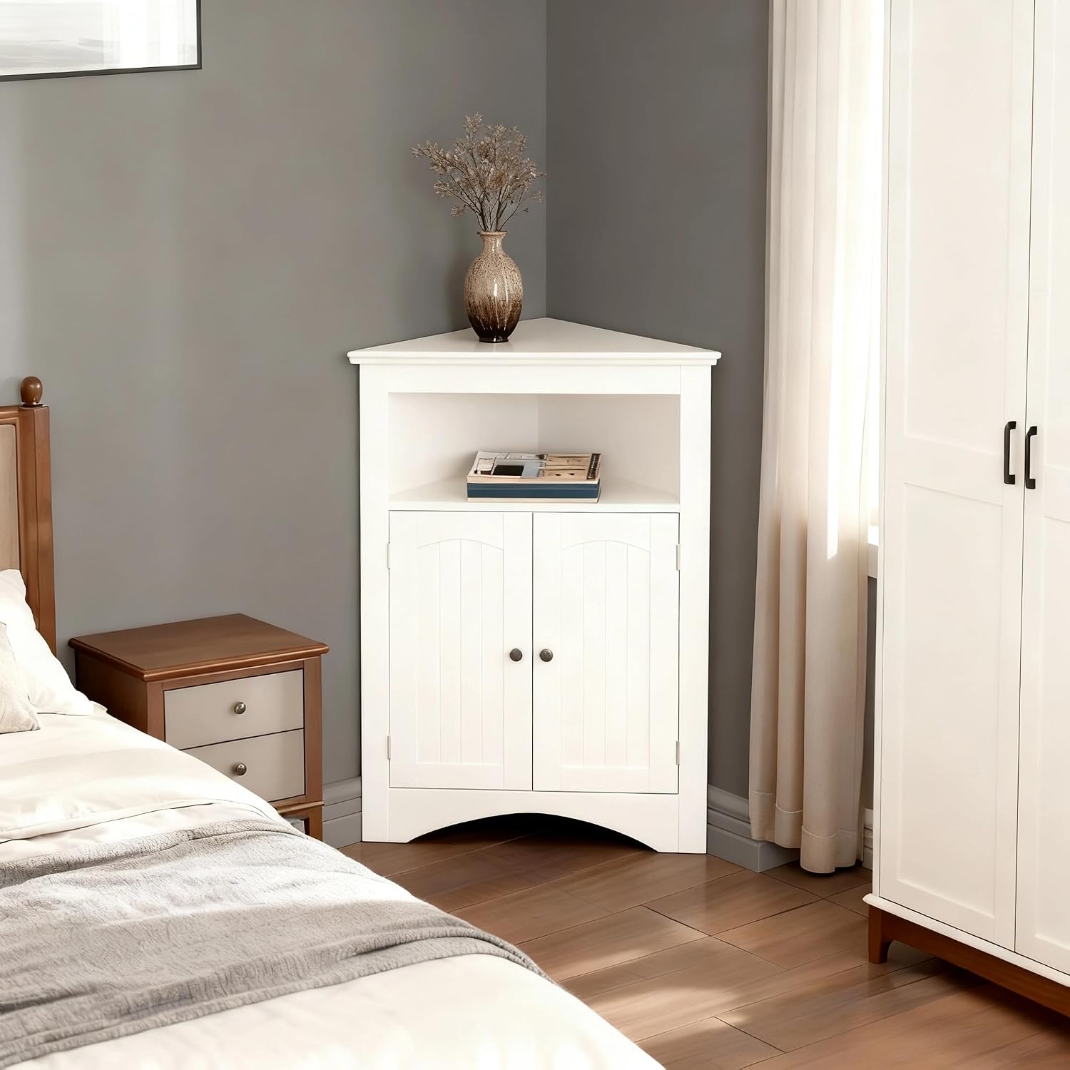Corner Storage Cabinet Classic White, Modern Freestanding Floor Cabinet with 2 Doors, Open Top Shelf & Adjustable Interior Shelf for Bathroom, Living Room & Kitchen