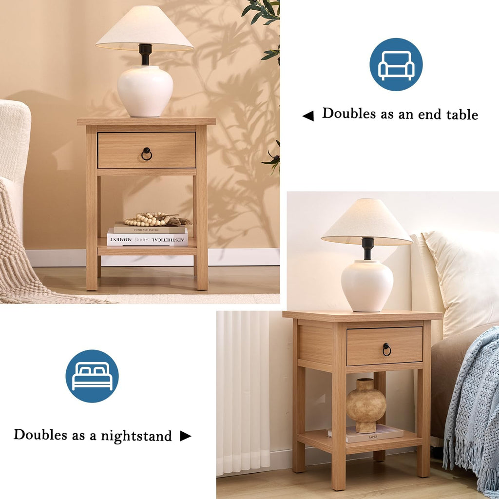 Nightstand Set of 2, Boho Bedside Table with Drawer, Farmhouse End Table with Open Storage Shelf, Bed Side Table Accent Table for Bedroom, Living Room