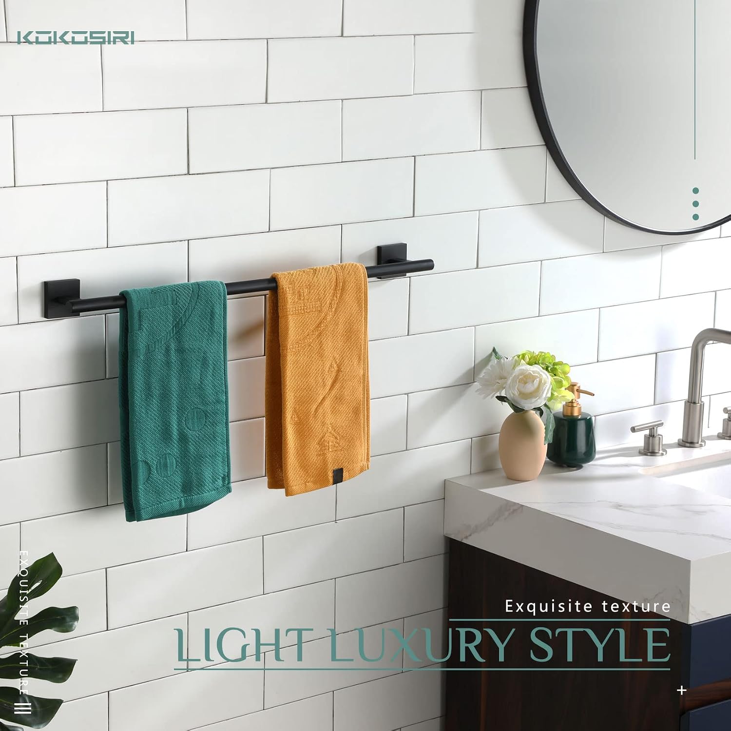 KOKOSIRI 24 Inch Hand Towel Bar Bathroom Towel Holder for Bath Standing Towel Rack for 2-Tier Towel Holder with Heavy Marble Base Matte Black B4005BK-L24+THS0005-BK