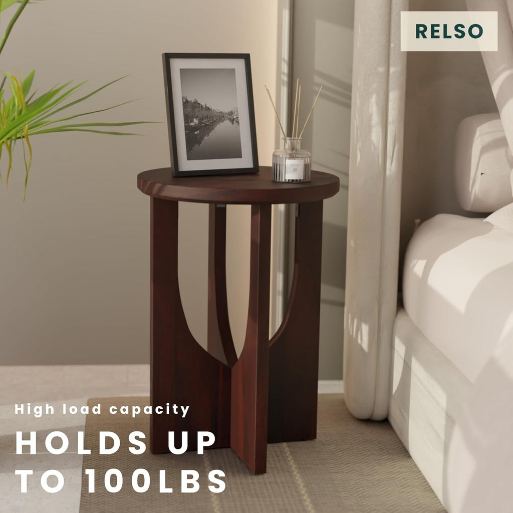 Relso Stupa Solid Wood End Table – 22' Tall Round Side Table for Living Room or Bedroom, Handcrafted Accent Table in Walnut Finish, Easy Assembly, Modern Minimalist Design for Small Spaces