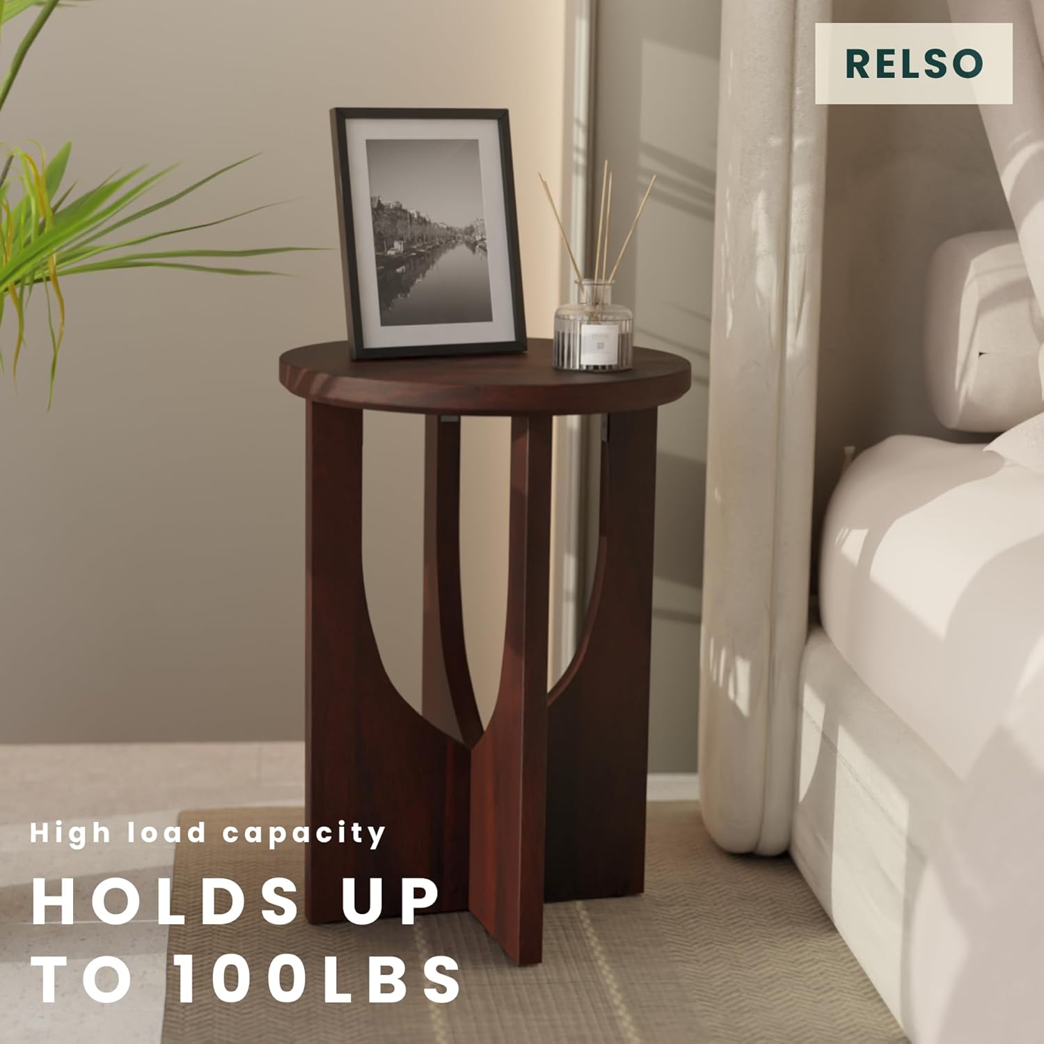 Relso Stupa Solid Wood End Table – 22' Tall Round Side Table for Living Room or Bedroom, Handcrafted Accent Table in Walnut Finish, Easy Assembly, Modern Minimalist Design for Small Spaces