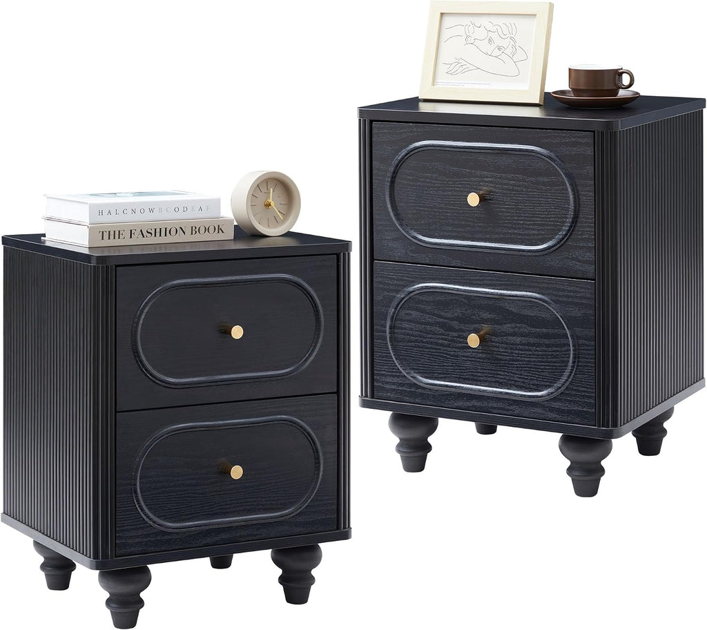 2 Drawer Fluted Nightstand Set of 2, Mid Century Modern Farmhouse Night Stand Small End Table Bedside Table for Bedroom, Living Room, Black