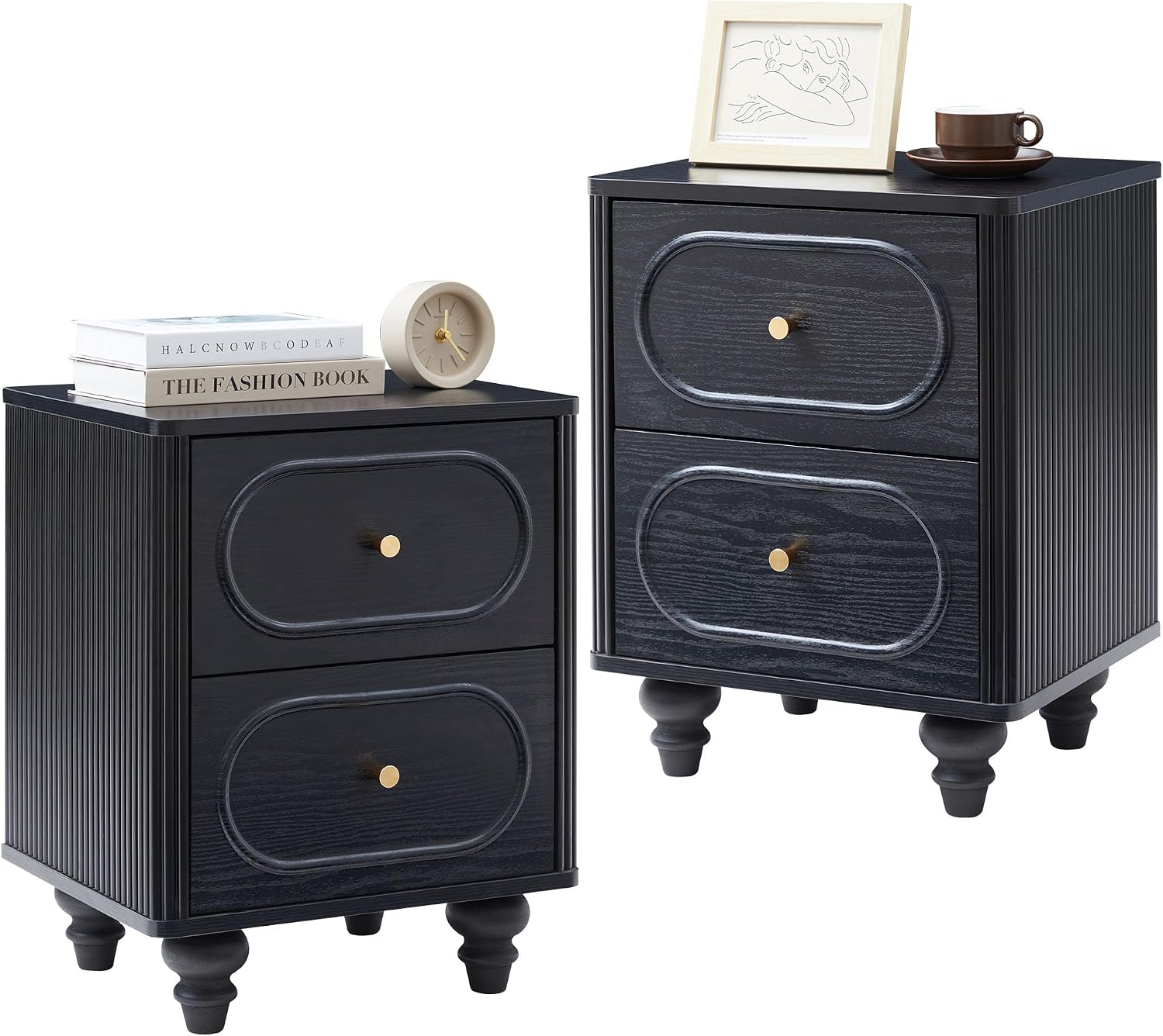 2 Drawer Fluted Nightstand Set of 2, Mid Century Modern Farmhouse Night Stand Small End Table Bedside Table for Bedroom, Living Room, Black