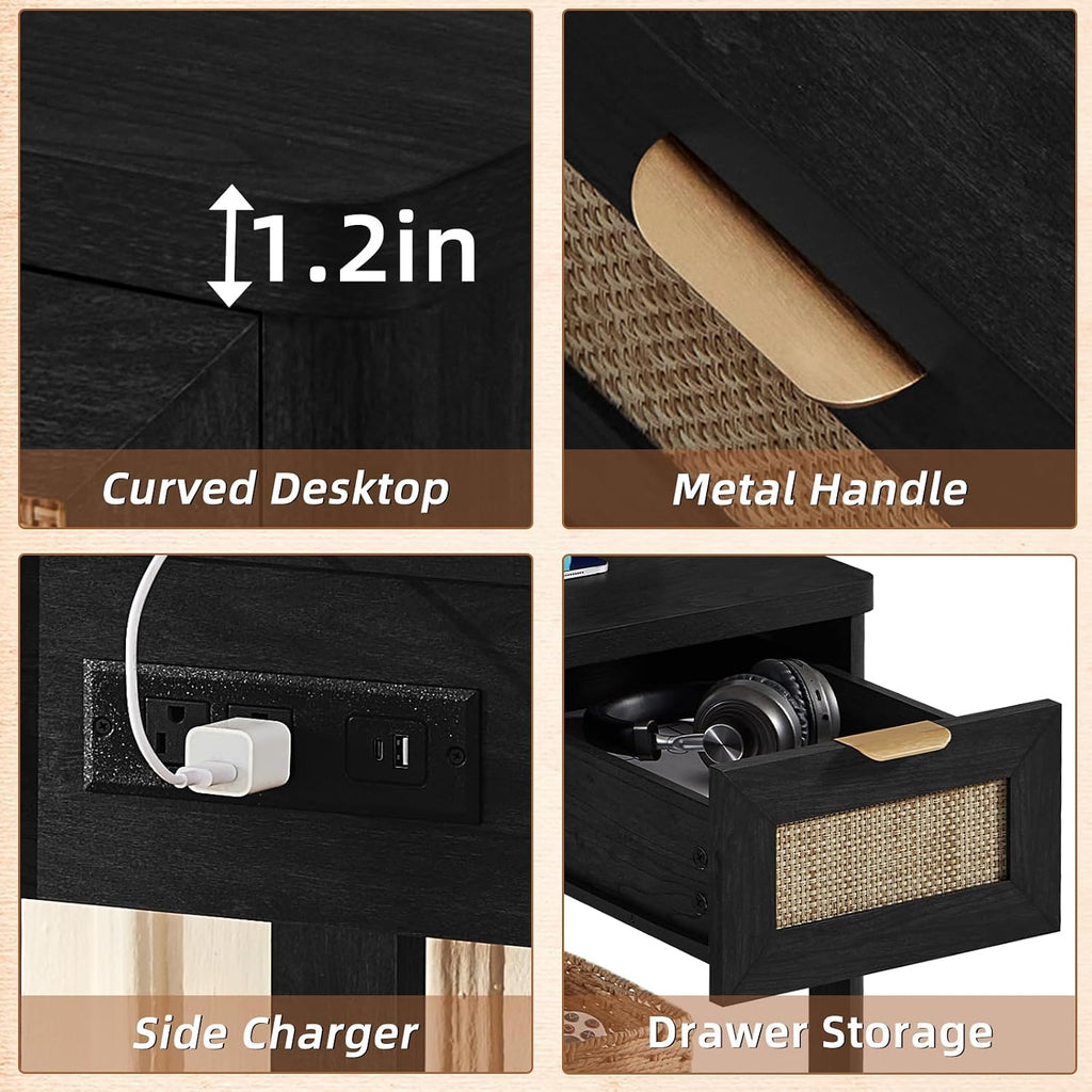 LEYAOYAO Narrow Side Table Set of 2, 24'' Night Stand with Charging Station, Rattan Nightstand with Drawer Storage, Bedside End Table with Small Spaces, Wood Boho Nightstand for Living Room Bedroom