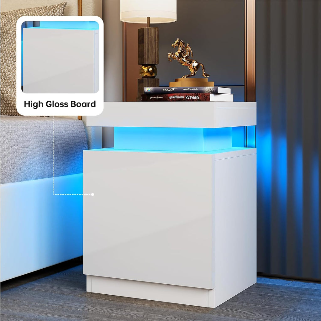Nightstands Set 2, 17 Inches Modern Bedside Table with LED Lights, LED Night Stand Set of 2, High Gloss Surface, Side Table with Storage for Bedroom, White