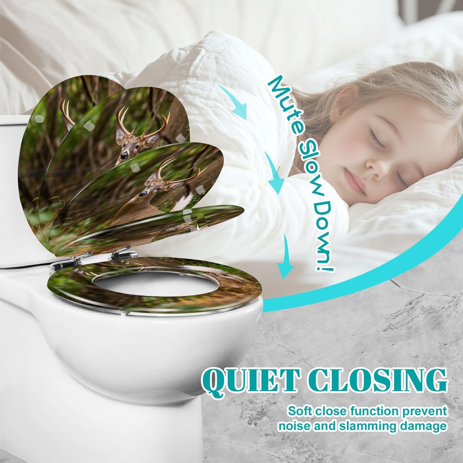 Round Toilet Seat Deer Hunting Animals Hunting White Tailed Deer Pennsylvania Stag Resin Toilet Seat Slow Quiet Close Lid with Quick-Release Hinges Cover Bumpers Easy to Clean Install