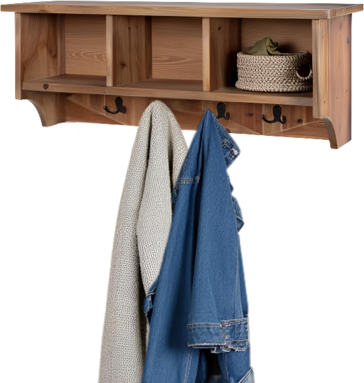 Revive Solid Wood Wall Mounted Coat Rack with 3 Cubbies and 4 Double Hooks – 36' Entryway Wall Shelf Organizer with Easy Installation for Hallway or Mudroom Storage by Alaterre Furniture (Natural)