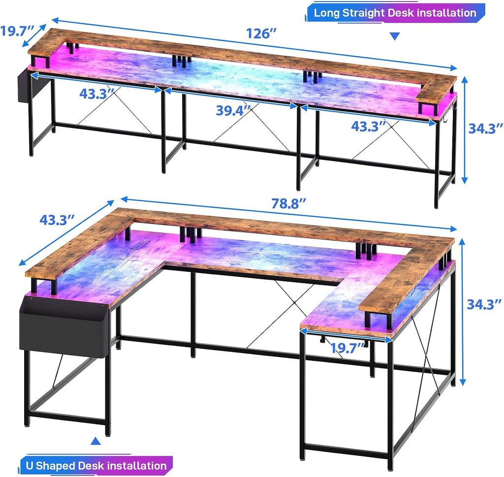 Jojoka U Shaped Computer Gaming Desk, Reversible L Shaped Desk with Power Outlets, LED Strip & Monitor Stand, Large Corner Desk with Storage Shelves for Home Office, Rustic Brown