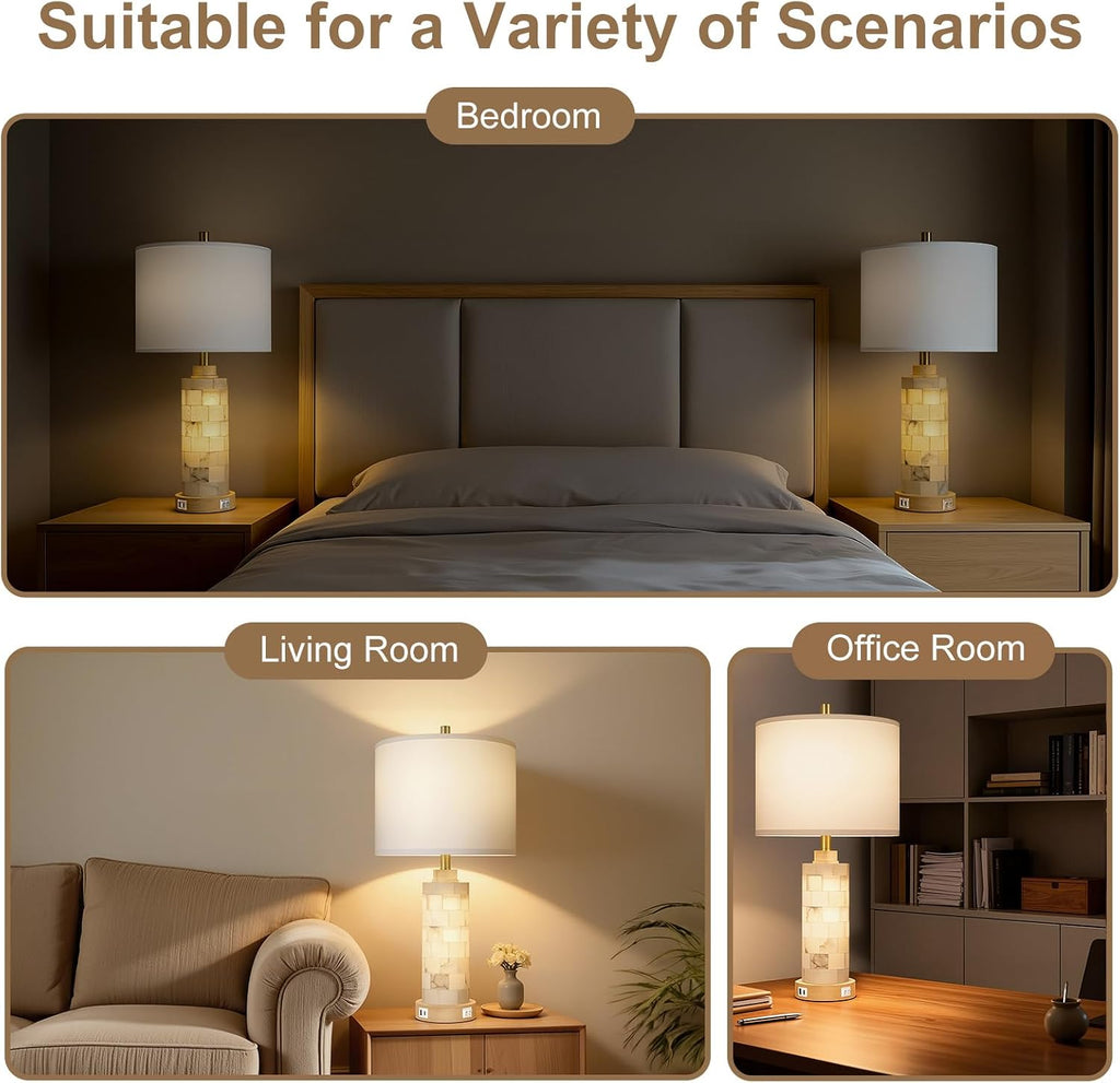 KIVDITZO 27' Alabaster and Wood Table Lamp Set of 2 with Night Light Nightstand Lamps with USB Ports White Linen Fabric Shade Bedside Lamp Decor for Living Room Bedroom Home Office Hotel Bar House