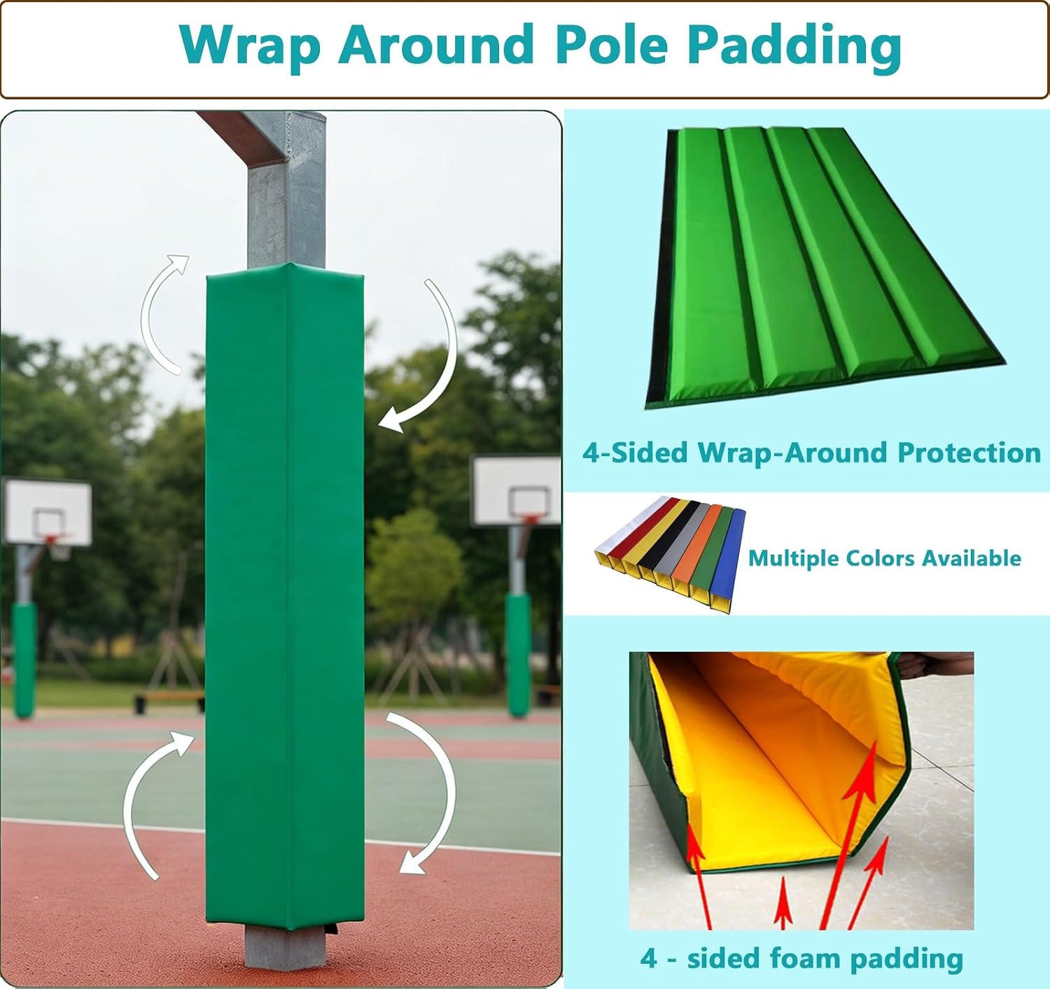 Square Basketball Pole Pad, Full Wrap-Around Foam Protection, Fits 5×5, 6×6, 8×8 & Other Common Square Posts for Outdoor Hoops