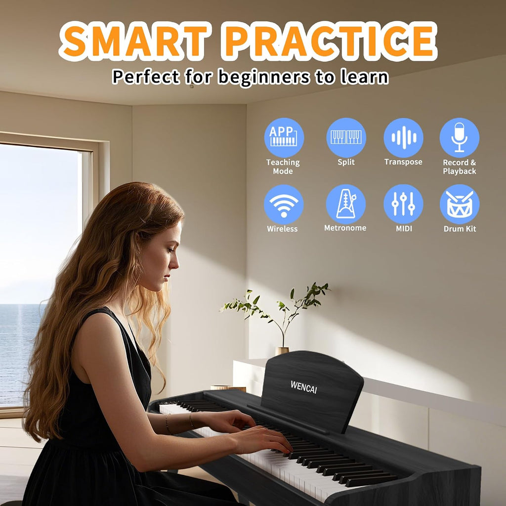 WENCAI Digital Piano 88-Key Fully Weighted Keyboard - Hammer Action Electric Piano, Full-Size Wooden Pianos for Beginner Professional Adults with Sheet Music Stand Triple Pedal, Black