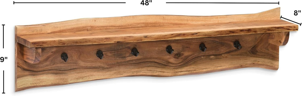 Alaterre Furniture Alpine Natural Live Edge Wood Coat Rack – 48' Solid Wood Wall-Mounted Coat Hook with Top Shelf & 6 Hooks – Modern Farmhouse Storage Organization for Entryway, Hallway, or Mudroom