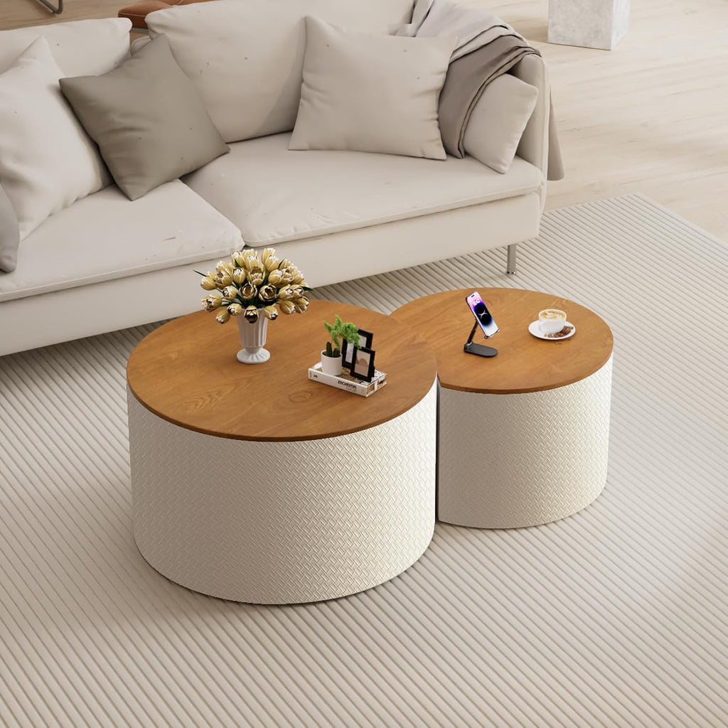 Round Nesting Coffee Table Set of 2 with Storage Modern Wood Coffee Table MDF Frame and Leather Surface Center Table End Side Table for Living Room Bedroom Office, No Assembling (White)