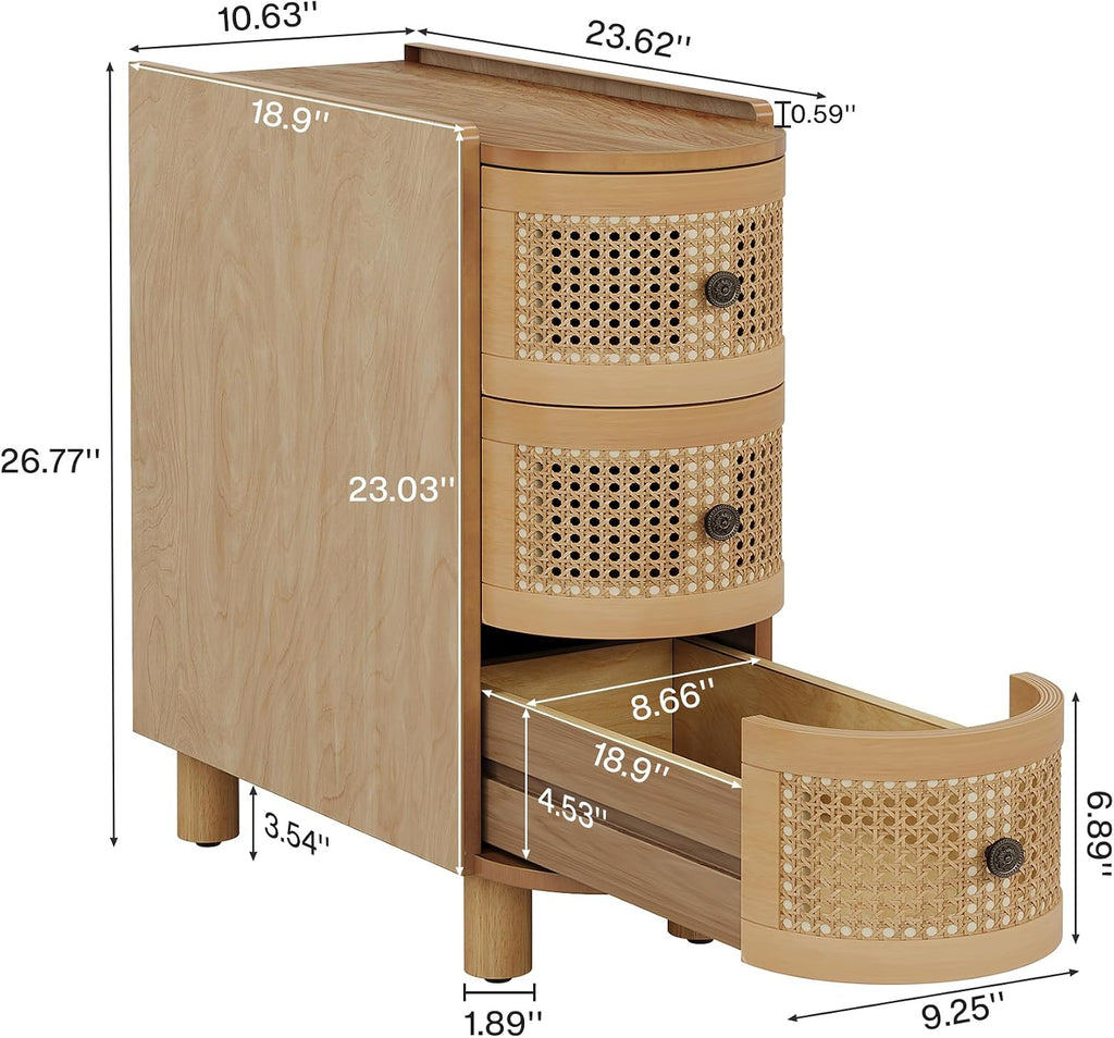 Tribesigns Solid Wood End Table, 3-Drawer Rattan Side Table, Night Stand with 3 Rattan Drawers and Exquisite Embossed Handles for Living Room, No Assembly Required (2, Oak)
