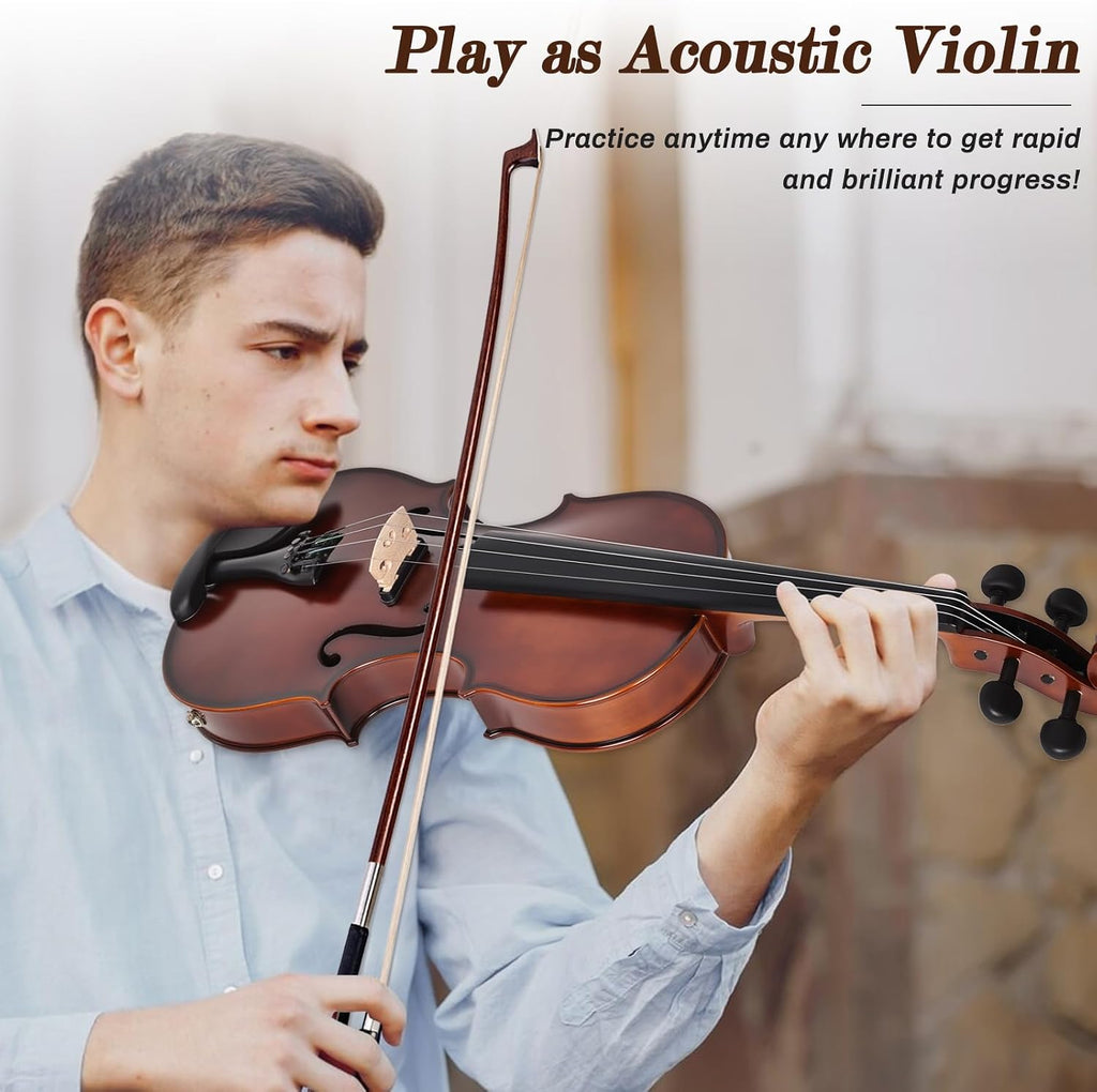 Electric/Acoustic Violin with Ebony Accessories - Perfect for Stage & Practice with Carrying Case, Violin Bow, Bridge, Shoulder Rest, Stickers, Tuner, Instruction, Handcraft with Maple, Spruce