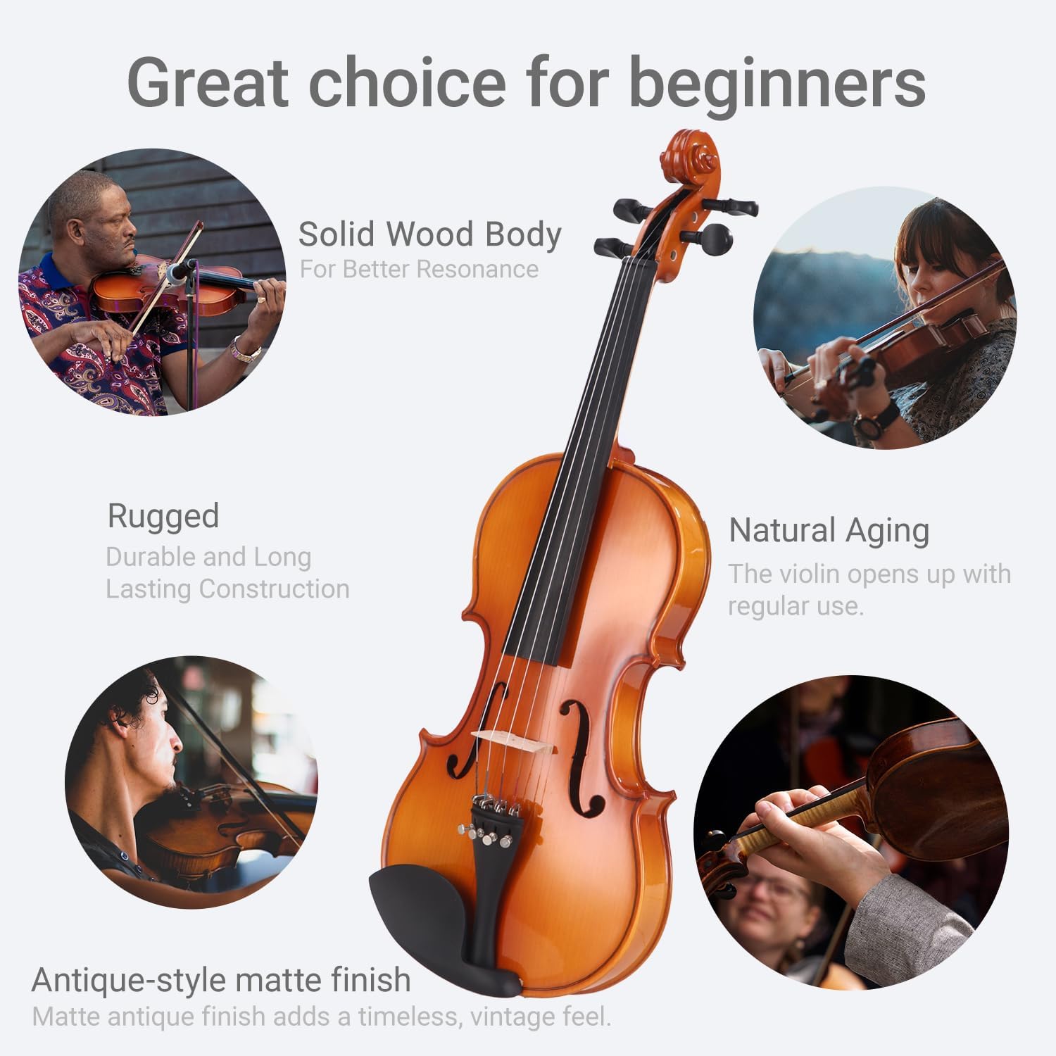 1/2 Acoustic Violin for Beginners, Full Size Solidwood Fiddle Set for Kids and Adults with Hard Case, 2 Bows, Extra Strings, Shoulder Rest, Rosin, Clip-on Tuner, Fingerboard Stickers, and Mute.