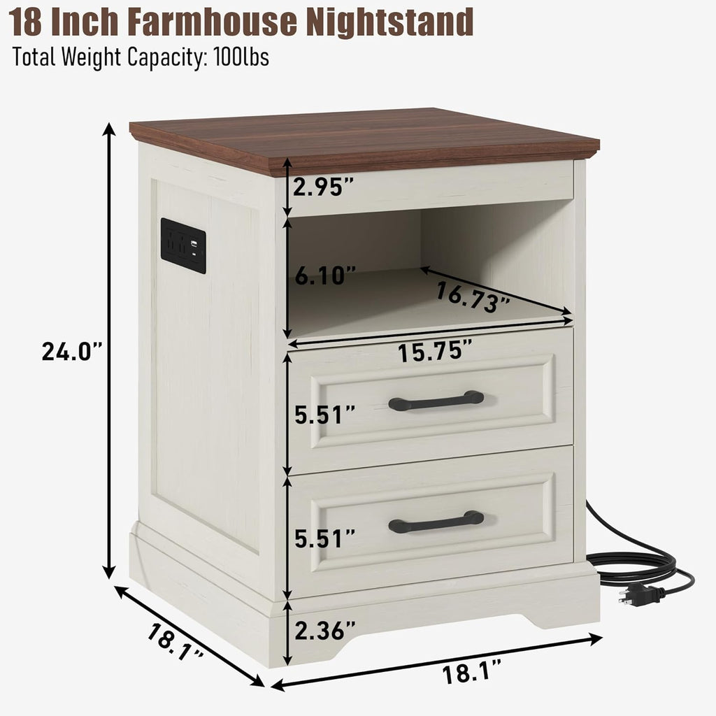 Gadroad 18' Farmhouse Accent Nightstand with Charging Station, End Table with 3 Drawers Storage, Side Table, Bedside Cabinet for LivingRoom Bedroom Office, Brown