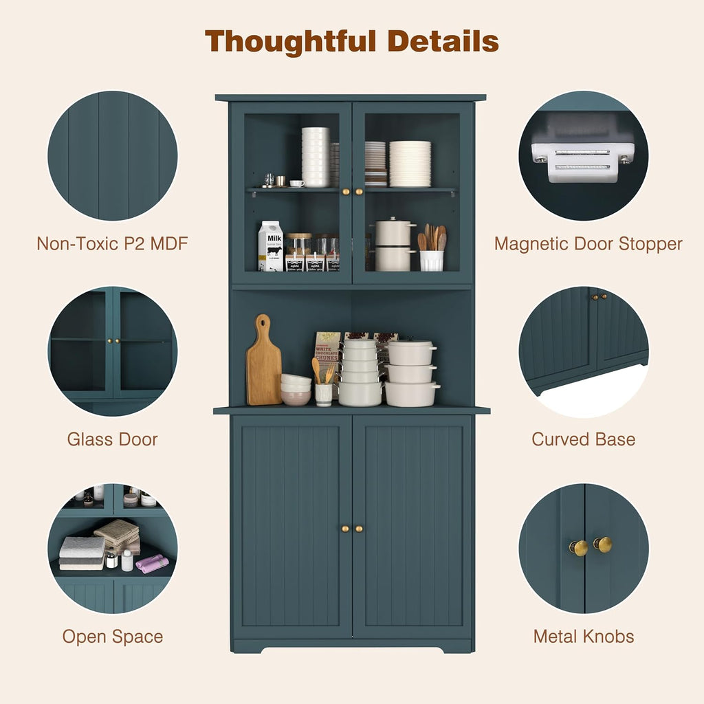 BlueWish 71' Corner Cabinet, Storage Cabinet with Glass Doors and Shelves, Corner Kitchen Cabinets, Hutch Cabinets for Display Living Room Office Bathroom, Dark Teal