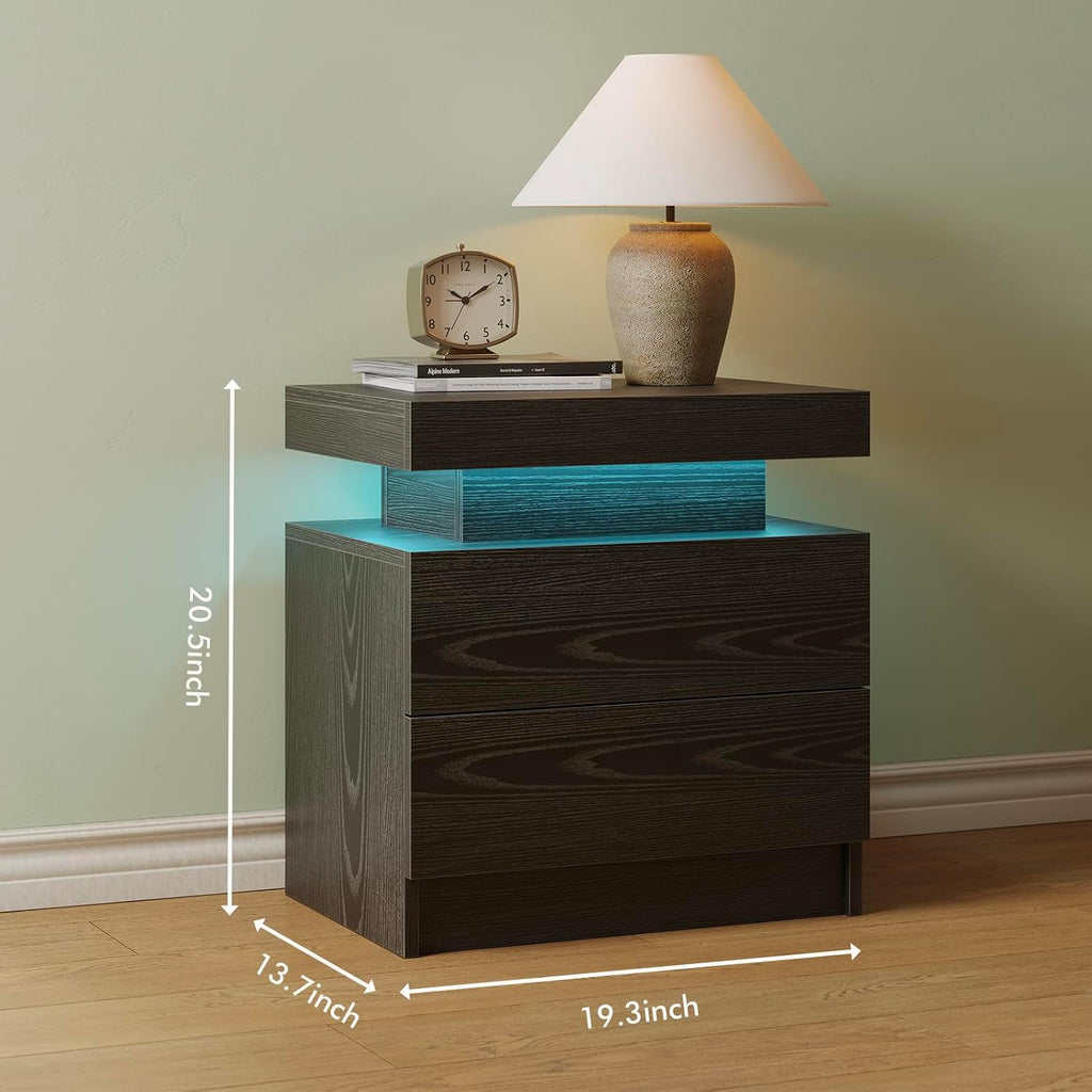 Cubehom Nightstands Set of 2, Bedside Tables with LED Lights, Night Stands with 2 Wood Drawers, End Tables Set of 2 for Living Room/Bedroom