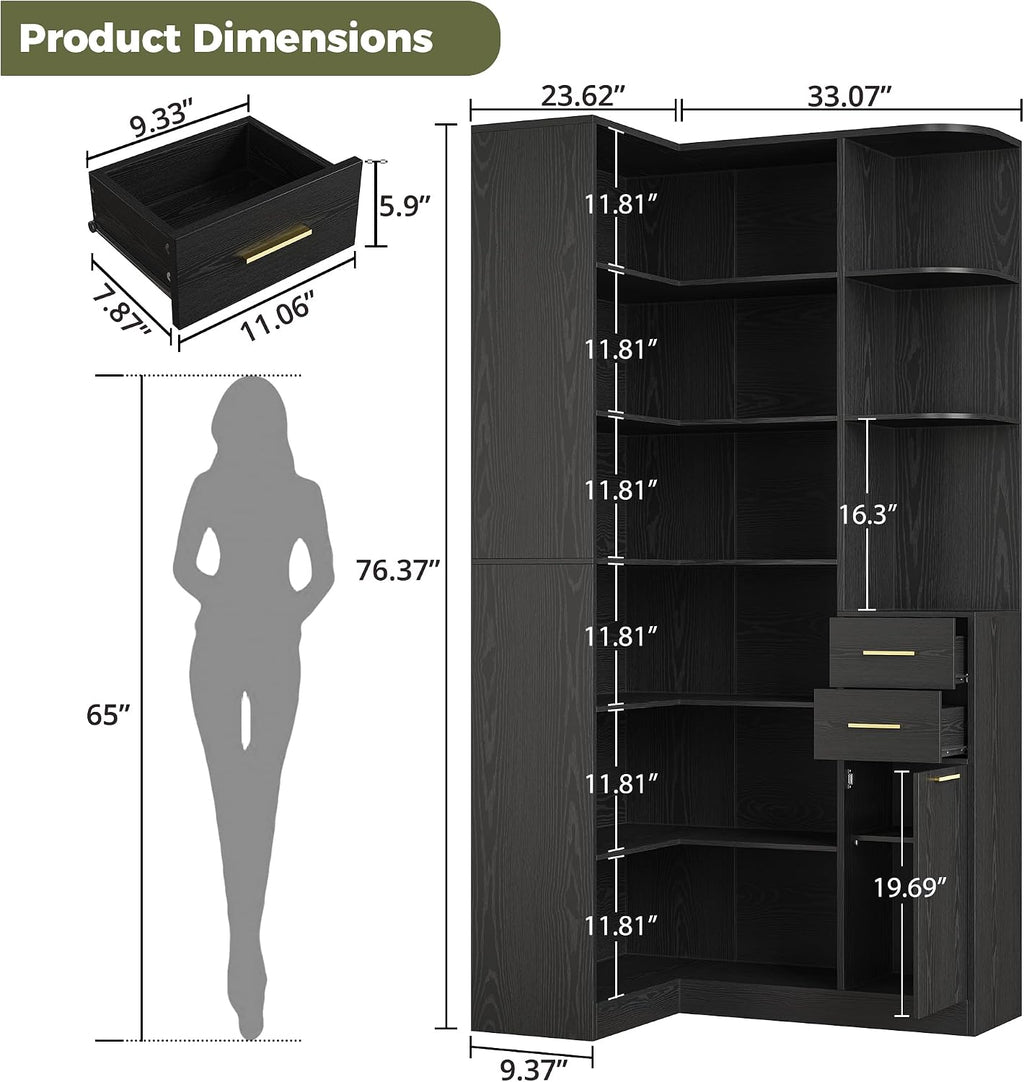 IRONCK Corner Bookshelf, 76' Tall Corner Bookshelves, 6 Tiers L-Shaped Bookcase with 10 Open Shelves and 2 Storage Drawers for Living Room or Home Office