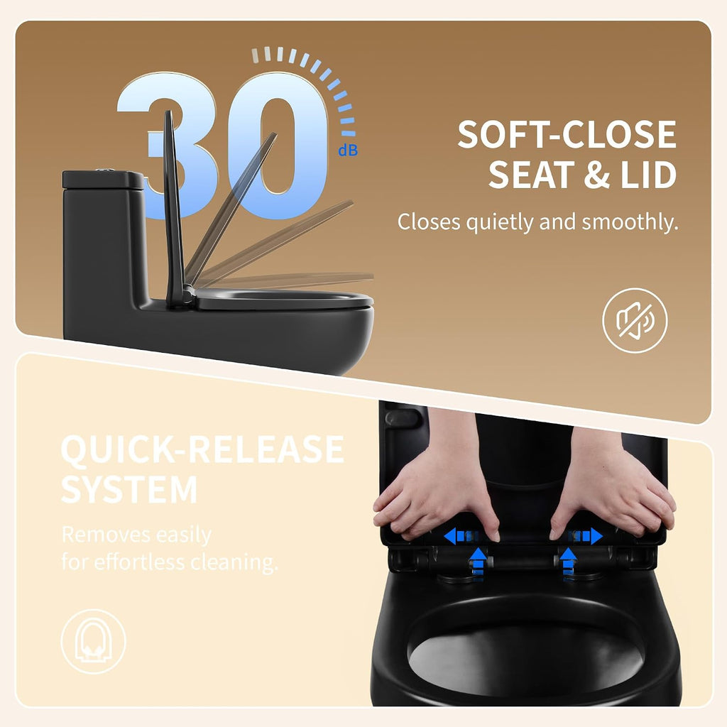 DeerValley Black One Piece Toilet with Efficient Dual Flush 1.1/1.6 GPF | Standard Height Toilet Bowl, Durable Ceramic, Slow Close Seat, Skirted Design 12' Rough-In Toilet for Bathroom DV-1F026B
