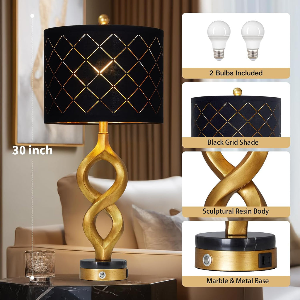Cinyirong 30' Black and Gold Table Lamps Set of 2 for Bedroom, Modern Touch Control Bedside Lamps for Living Room, 3-Way Dimmable Sculptural Resin Nightstand Lamps with USB A+C Ports and 2 LED Bulbs