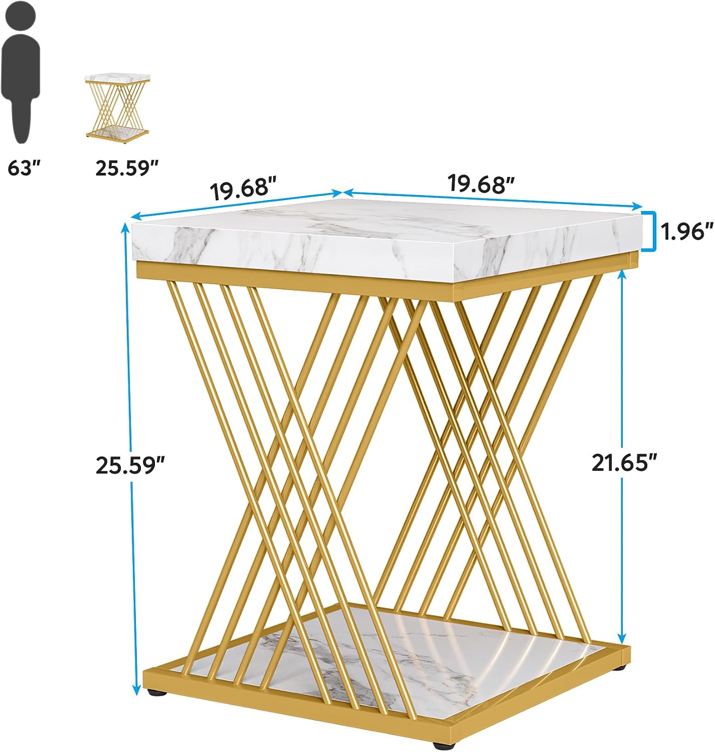 Tribesigns Square White Gold Side Table Set of 2, 2-Tier End Table Modern Bedside Tables Small Side Table with Storage for Couch, Chairside Tables with Metal Frame for Living Room