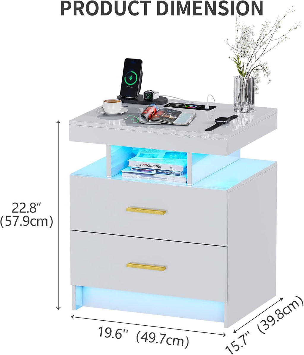 Smart Night Stand with Charging Station, Modern White Nightstand with 24 Color Lights and 2 Drawers, LED Bedside Tables with Auto Senor,High Gloss End Table for Bedroom