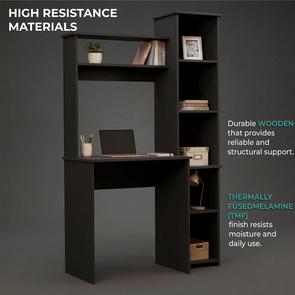 Tuhome Versalles Writing Desk with Two Superior Shelves, Five Side Open Storage Compartments, Space-Saving Modern Workstation Design for Studios and Offices, Ideal for Organization, Books