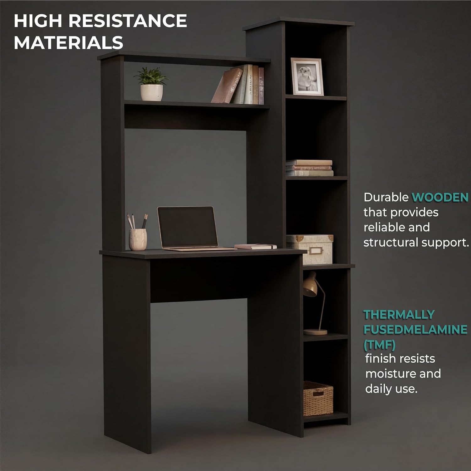 Tuhome Versalles Writing Desk with Two Superior Shelves, Five Side Open Storage Compartments, Space-Saving Modern Workstation Design for Studios and Offices, Ideal for Organization, Books