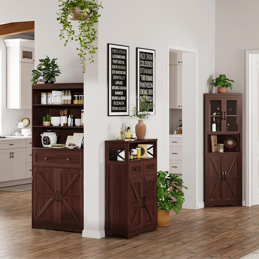 Dark Brown Storage Cabinet with Doors and Shelves - Farmhouse Kitchen Pantry Cabinet with Storage, Coffee Bar Station, Hutch Cupboard for Kitchen, Living Room, Home Office, Dining Room