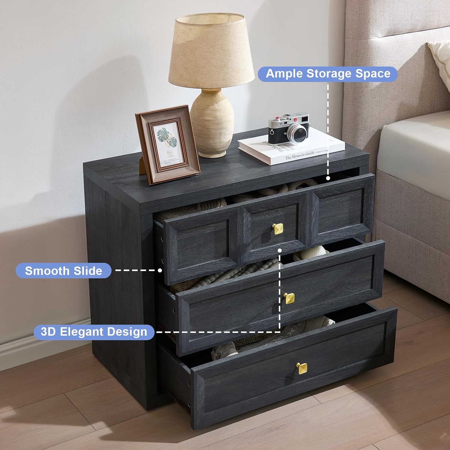Nightstand Set of 2 W/Charging Station, 30.7' W King Size Bedside Table with 3 Drawers, Accent End Table W/Large Storage, Modern Wood Side Table for Bedroom, Dark Grey