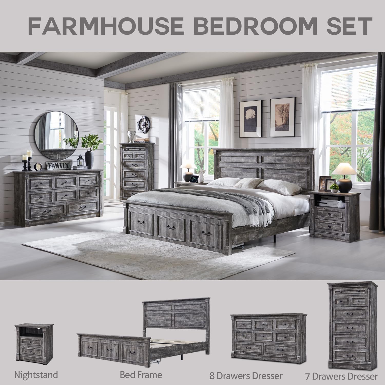 Aitjunz Farmhouse 7 Drawers Dresser for Bedroom, 57' Tall Large Dressers & Chests of Drawers w/Roman Column, Storage Dressers Organizer for Bedroom, Hallway, Living Room, Light Grey