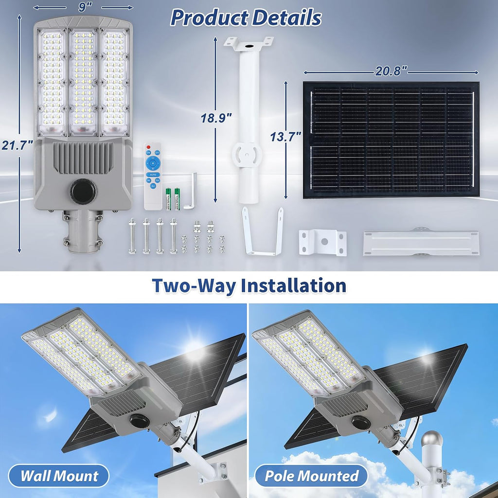 12000W Solar Street Light, Aluminum Commercial Parking Lot Lights with Motion Sensor, 6500K Dusk to Dawn Solar Lights Outdoor Waterproof, Heavy Duty Security Flood Light for Driveway Yard Court, Gray