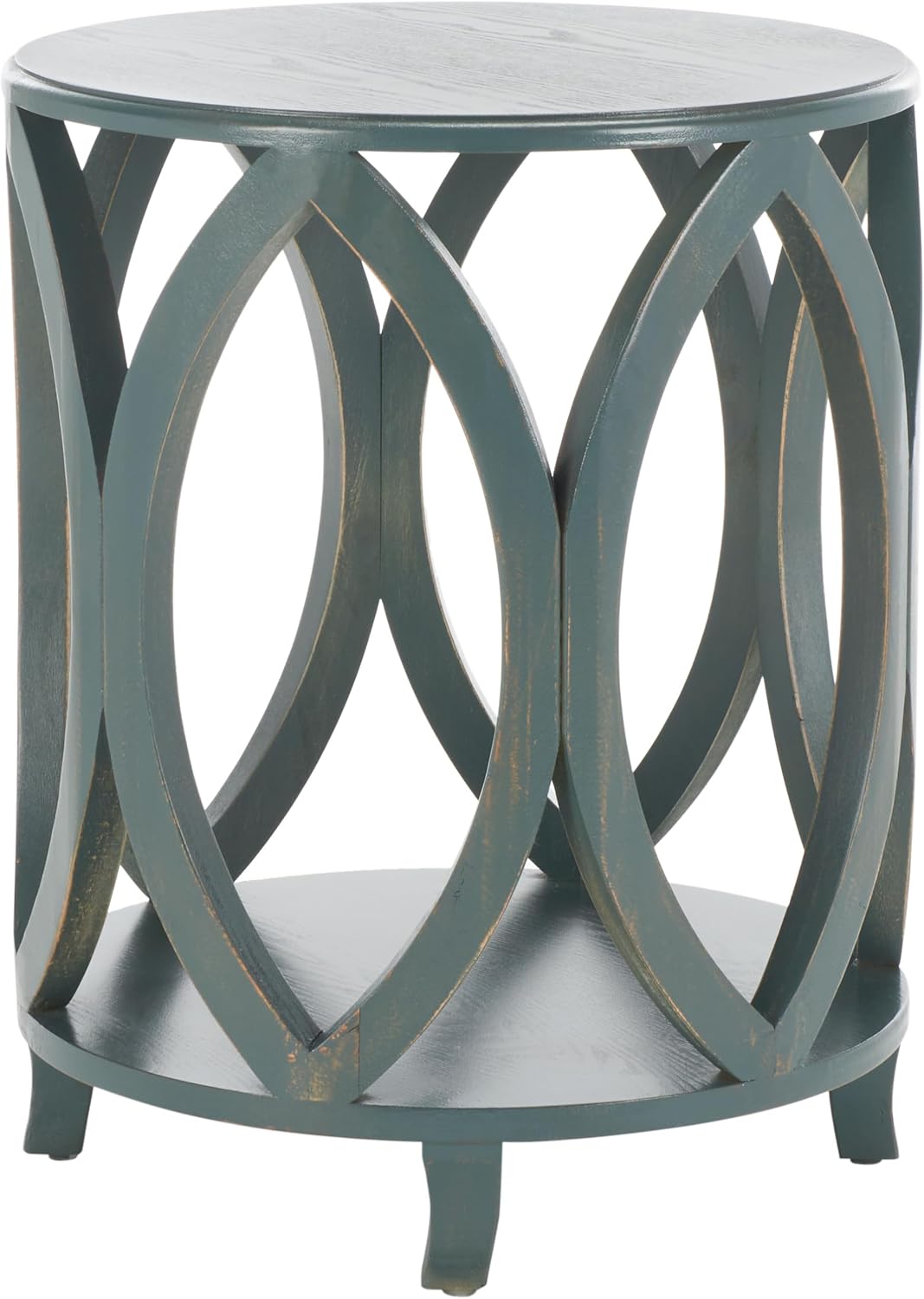 SAFAVIEH Home Collection – Janika Dark Teal Washed Round Accent Table with Shelf, Fully Assembled Solid Pine Wood Side Table for Living Room or Bedroom (AMH6607C)