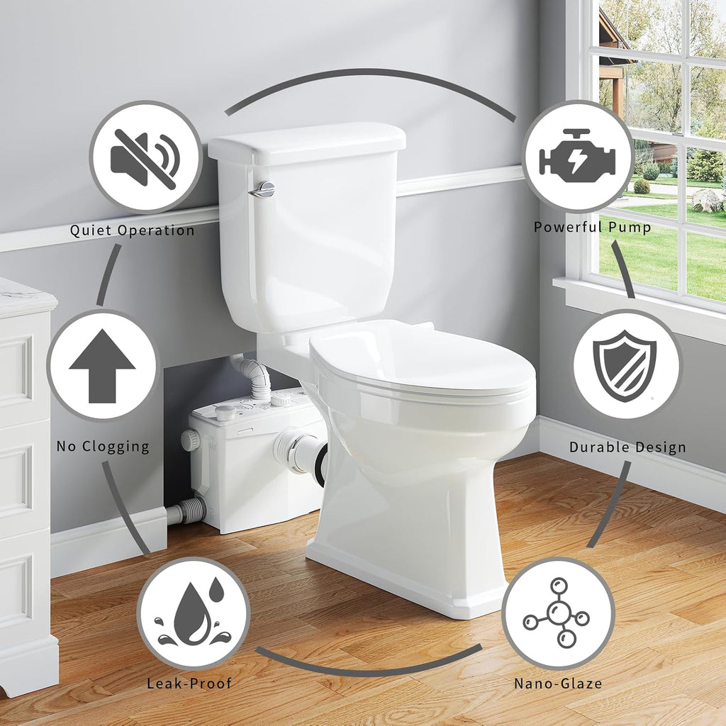800PRO Macerating Toilet with Pump, Two-Piece Upflush Toilet For Basement, Powerful & Quiet Macerating Pump System With 4 Water Inlet, 23Ft Vertically, Elongated Bowl