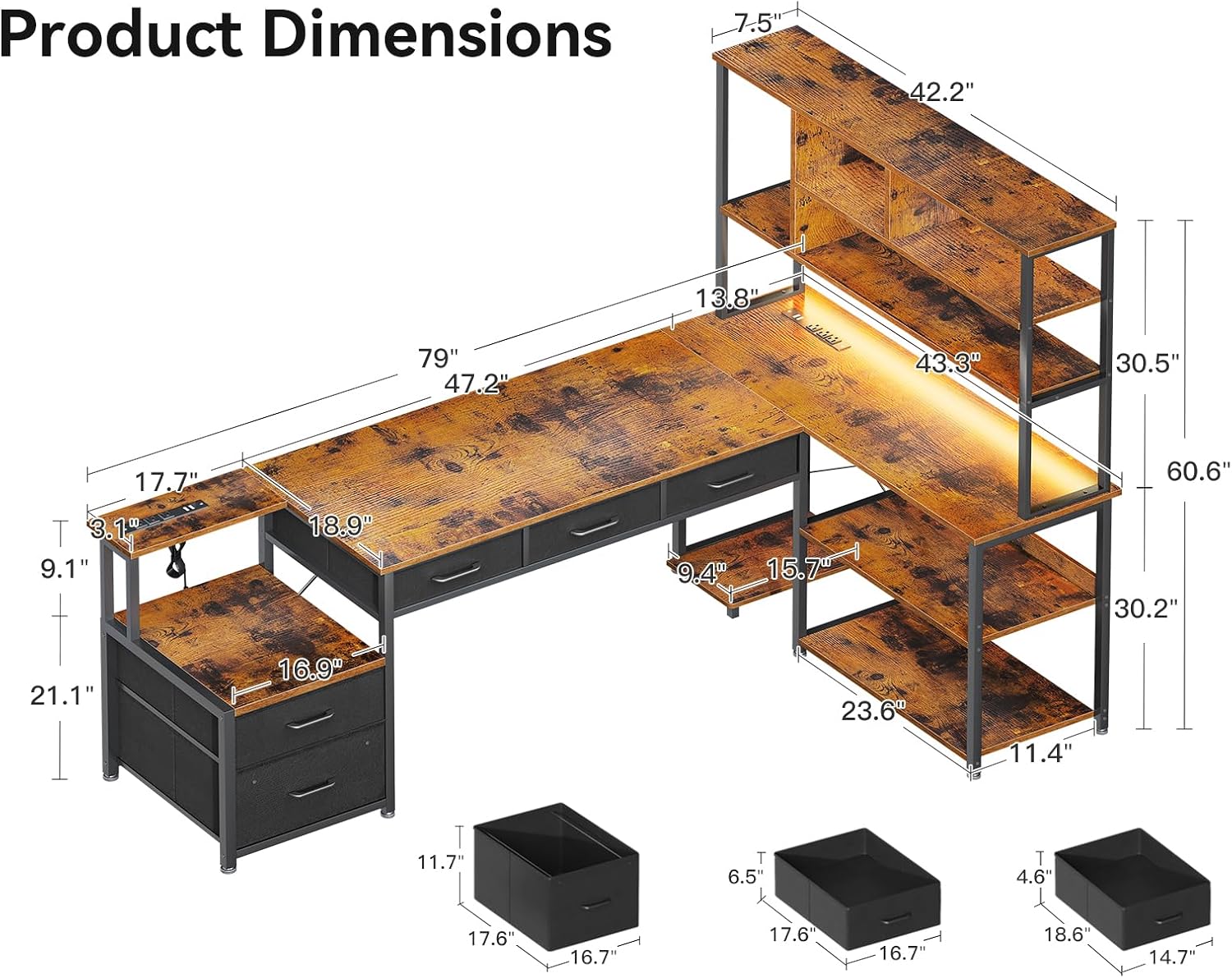 AODK 79 inch L Shaped Desk with 5 Drawers, Reversible L Shaped Gaming Desk with LED Light & 2 Power Outlets, Computer Desk with Storage Shelves for Home Office, Vintage