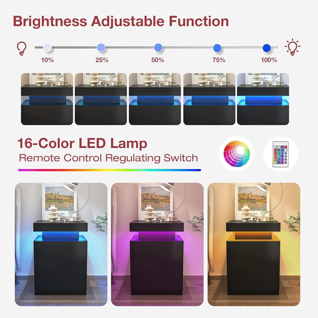 Nightstands Set of 2, 17.7 Inches LED Night Stand Set 2 with Charging Station, Bedside Table with Sliding Top Storage, Modern End Table for Bedroom, Black