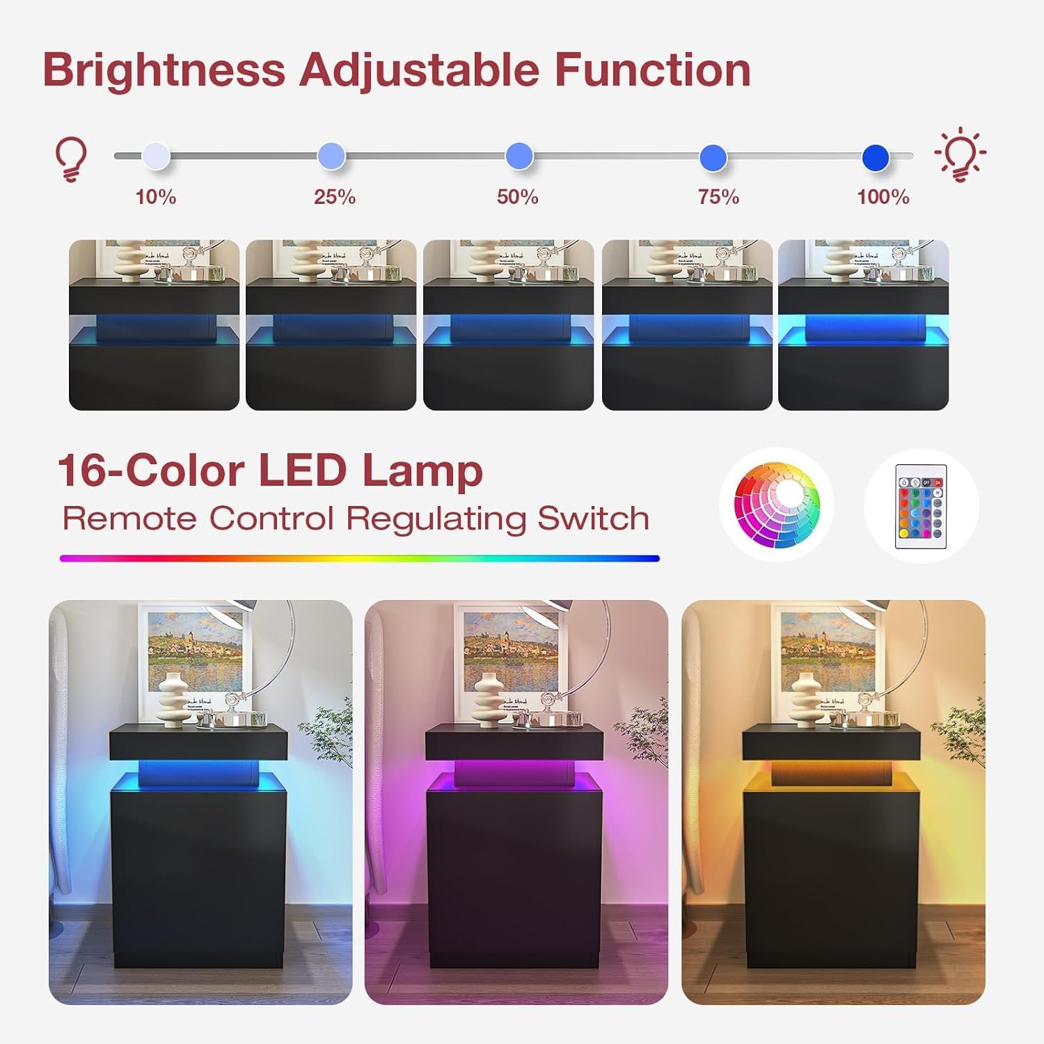 Nightstands Set of 2, 17.7 Inches LED Night Stand Set 2 with Charging Station, Bedside Table with Sliding Top Storage, Modern End Table for Bedroom, Black