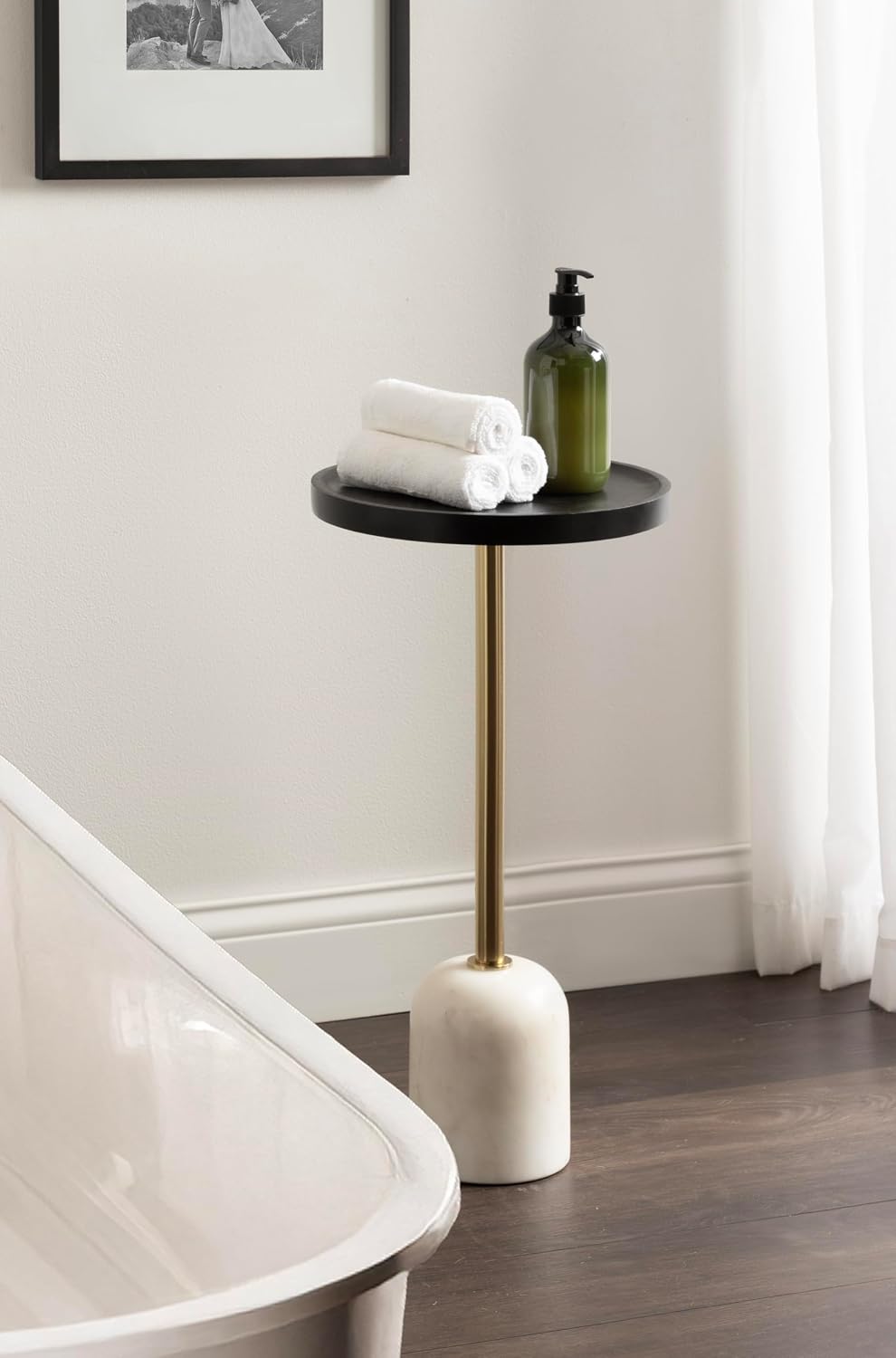 Kate and Laurel Shorrock Round Mango Wood Side Table, 12 x 12 x 24, Black, Gold, and White Marble, Modern Pedestal End Table with Marble Base for Bedroom Nightstand or Living Room Plant Stand