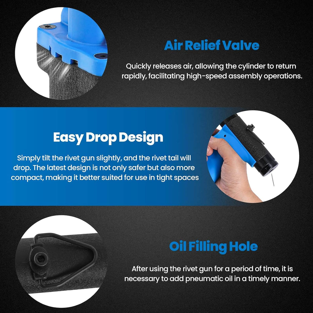 Pneumatic Rivet Gun Air Pop Riveter Tool Kit with 1/8', 5/32', 3/16', 1/4' Rivet Nozzles, Pneumatic Riveting Gun, Upgraded Air Riveter Hydraulic Pop Riveting Rivets Tool, No-Self-Suction