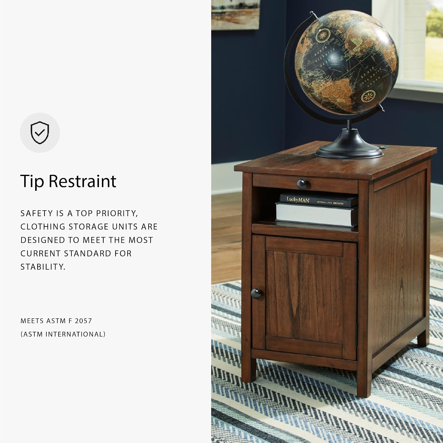 Signature Design by Ashley Treytown Casual Compact Chairside End Table with a Storage Cabinet, Open Cubby Shelf, Pull-Out Tray & USB Charging Ports, Brown