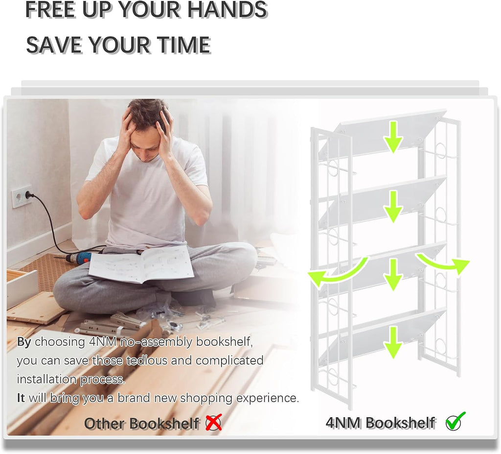 4NM No Assembly 4 Tiers Folding Bookshelf, 47.2' H Foldable Storage Shelves Vintage Bookcase Standing Racks Study Organizer Home Office - All White