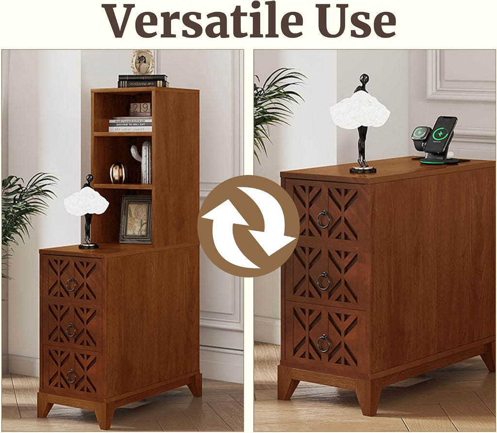 Mirightone Tall End Table with 3-Drawer and Shelves, Narrow Side Table with Charging Station, High Slim Corner Cabinet Bedside Table with Storage Bookcase for Living Room Bedroom, Walnut