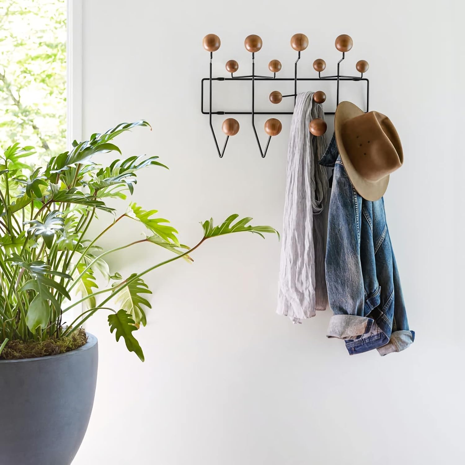 SHISEDECO Classic Hang it All Coat Rack, Mid Century Modern Wall Mounted Hooks with Painted Solid Wooden Balls, Decorative Creative Fashion Wood Hanger for Home, Bedroom (Black Frame Natural)