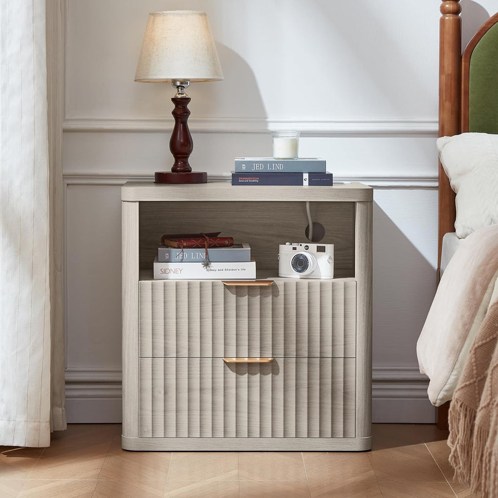 LEYAOYAO Fluted Farmhouse Nightstand Set of 2 with Charging Station, 23' Wide 2 Drawers Night Stand,LightGrey Dresser for Bedroom,Bed Side Table Chest of Drawers,Wood End Table for Living Room