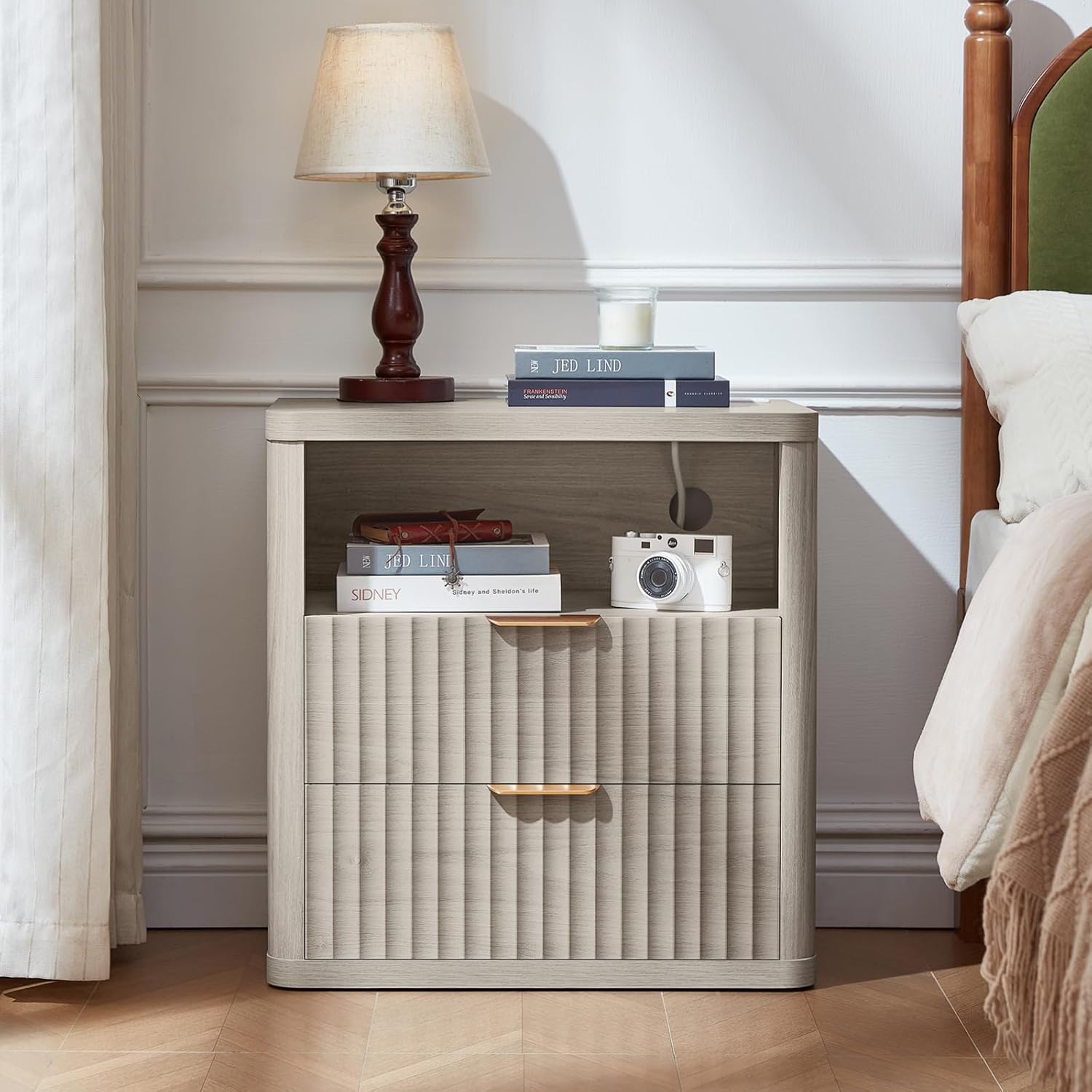 LEYAOYAO Fluted Farmhouse Nightstand Set of 2 with Charging Station, 23' Wide 2 Drawers Night Stand,LightGrey Dresser for Bedroom,Bed Side Table Chest of Drawers,Wood End Table for Living Room