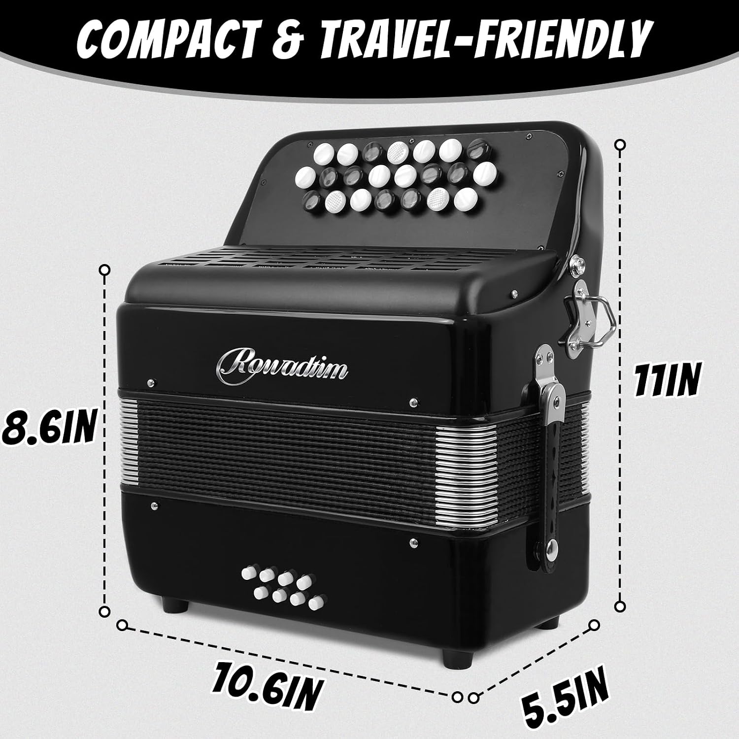 Accordions,22 keys Accordion,8 Bass Student Piano accordions Suitable for beginners and students Lightweight and portable, comes with a backpack and adjustable straps (8 Bass, Black)