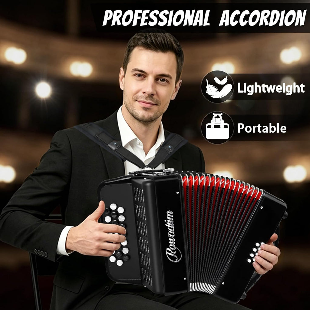Accordions,22 keys Accordion,8 Bass Student Piano accordions Suitable for beginners and students Lightweight and portable, comes with a backpack and adjustable straps (8 Bass, Black)
